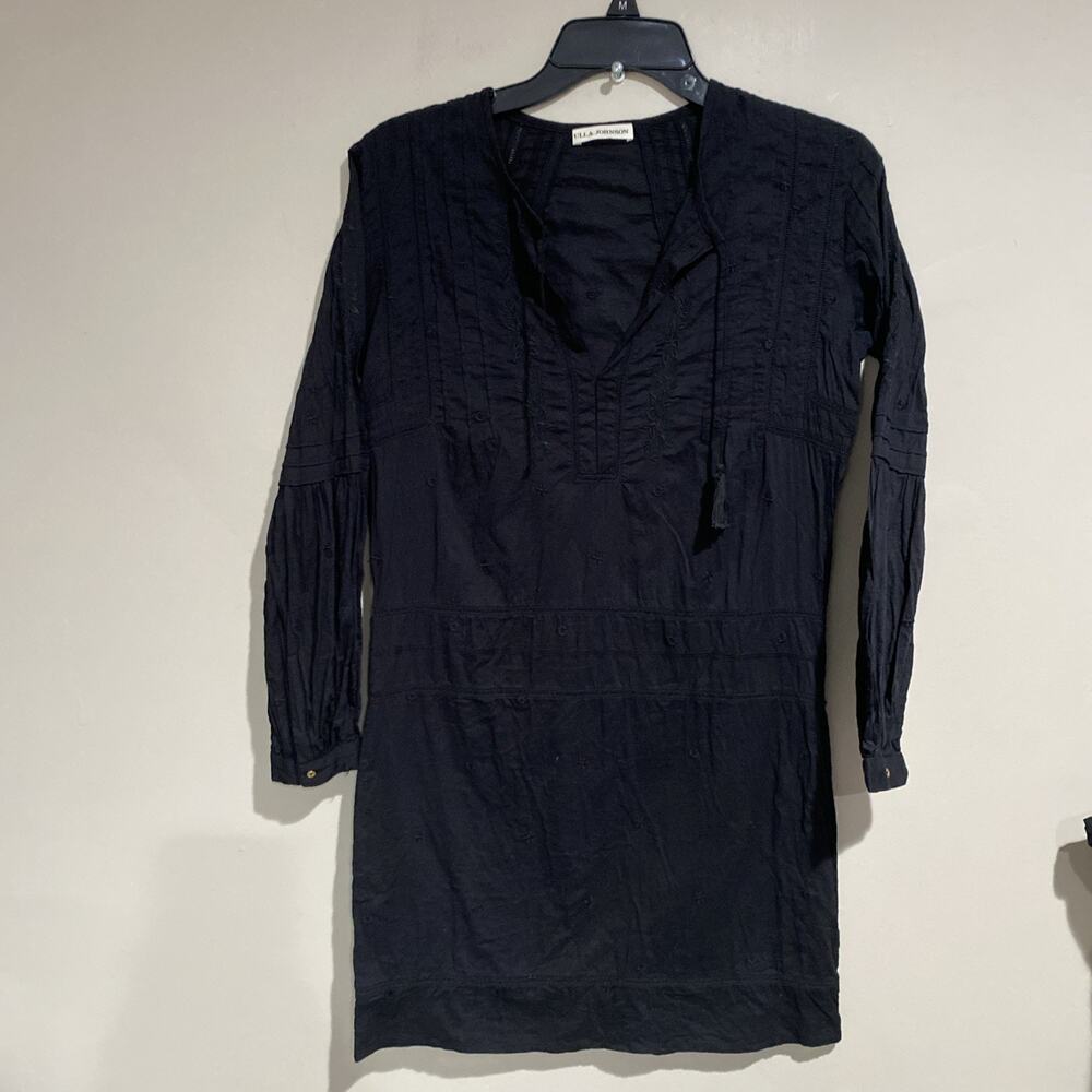 Ulla Johnson Black Flores Embroidered Dress Long Sleeve Cotton Beach Cabana Sz 0